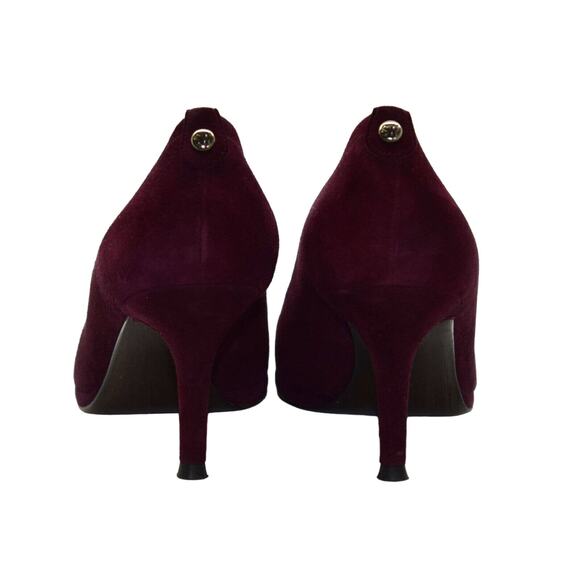 A5 Auth STUART WEITZMAN Logo Plainfield Bordeaux Suede Peep Toe Pumps Size 8.5 M - Picture 4 of 7
